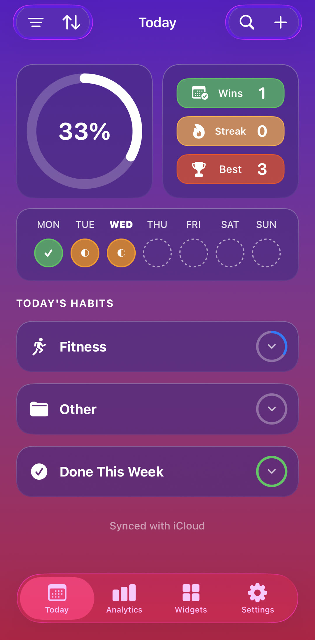 Today screen — purple gradient theme