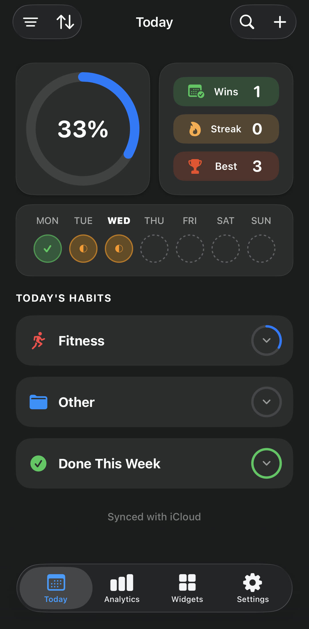 Habits — Today screen, dark mode