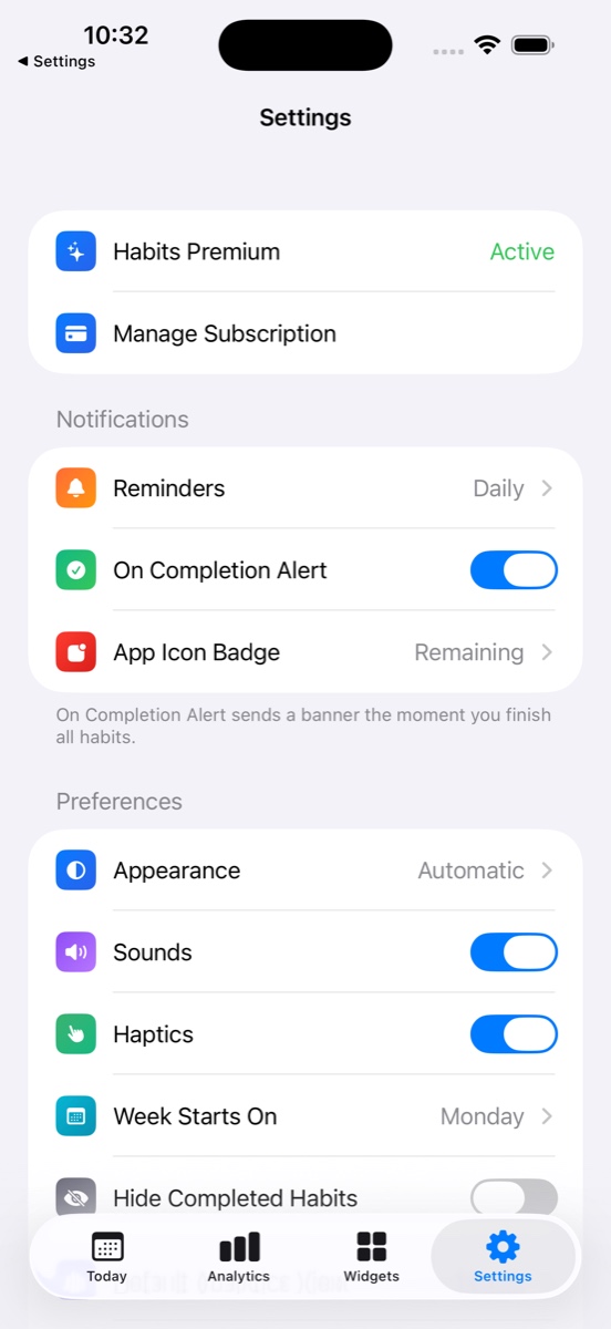 Settings: Reminders Daily, On Completion Alert on, App Icon Badge Remaining