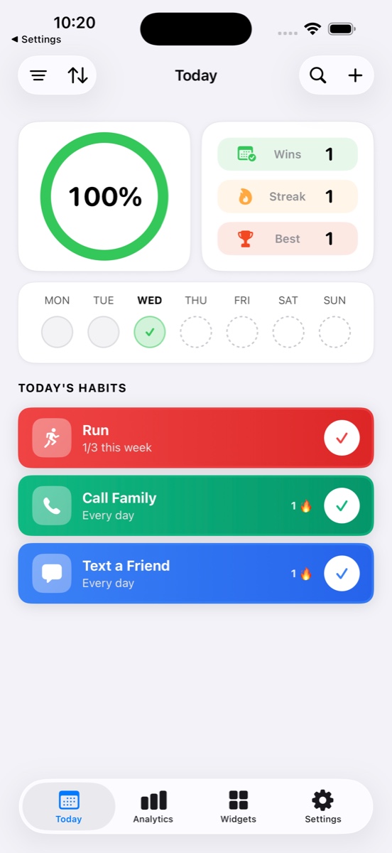 Today screen at 100% complete: ring green, all habits show streak indicators