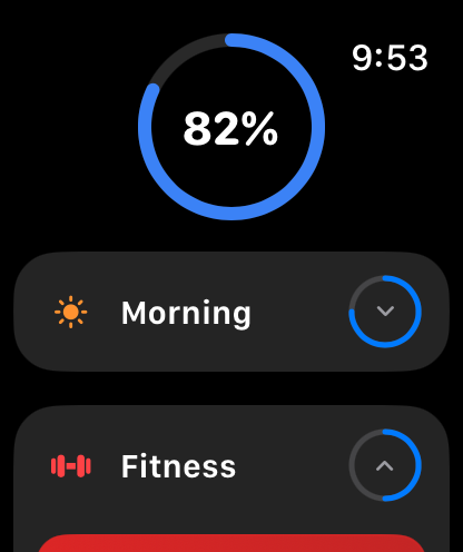 Habits on Apple Watch showing an 82 percent progress ring and routines.